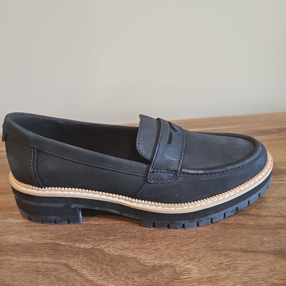 TOMS Wear Good Black Platform Leather Penny Loafers Womans Size 6.5 Like New - Picture 10 of 14